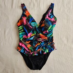 Great Lengths Swimsuit One Piece 80's 90's Abstract Neon Ruffle Ruched Women 12